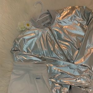 Victoria's Secret Sport Jacket Full Zip Metallic Work Out Silver Foil Bomber